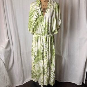 NWT H&M Tie Waist Shirt Dress White Green Palm Leaves Print Plus Size XXL